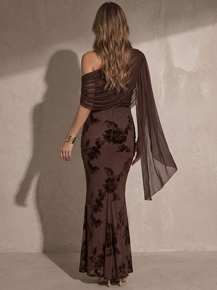 Tulle Mermaid One Shoulder Maxi Evening Dresses with Flowing Sash