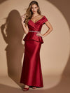 Satin Mermaid V Neck Maxi Evening Dresses with Rhinestone Embellished Waistband