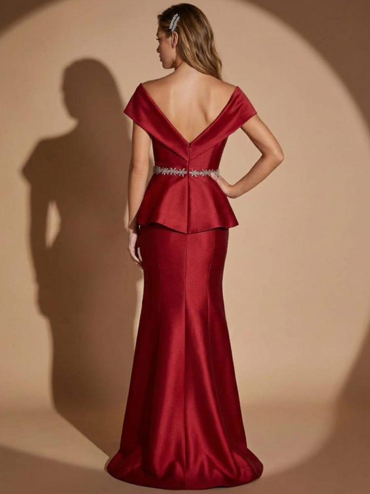 Satin Mermaid V Neck Maxi Evening Dresses with Rhinestone Embellished Waistband