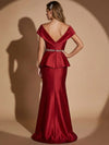 Satin Mermaid V Neck Maxi Evening Dresses with Rhinestone Embellished Waistband