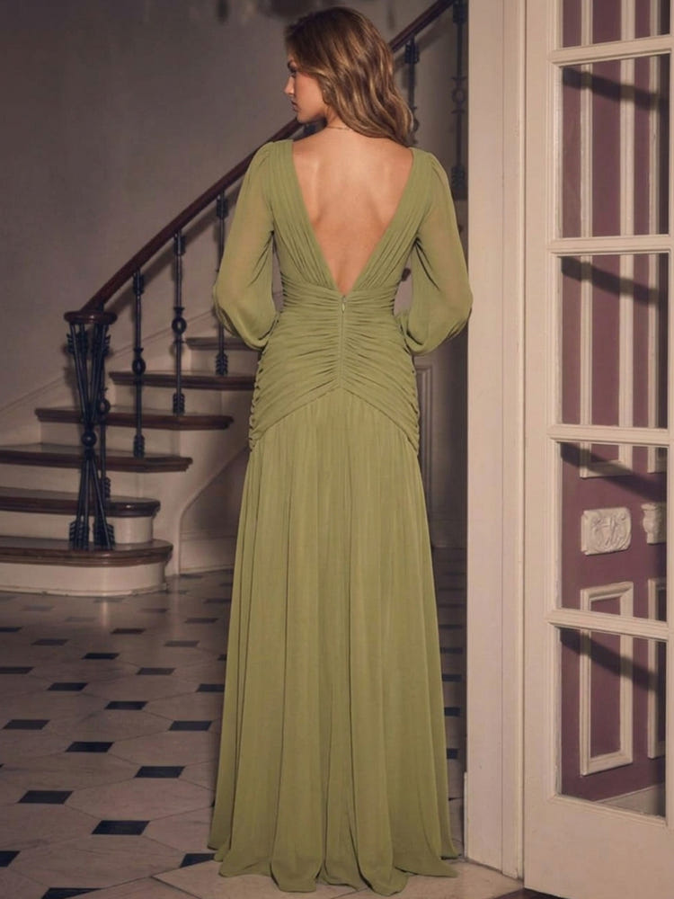 Chiffon A-Line V Neck Maxi Evening Dresses with Delicate Pleated