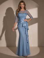 Chiffon Mermaid Crew Neck Maxi Evening Dresses with Ruffles