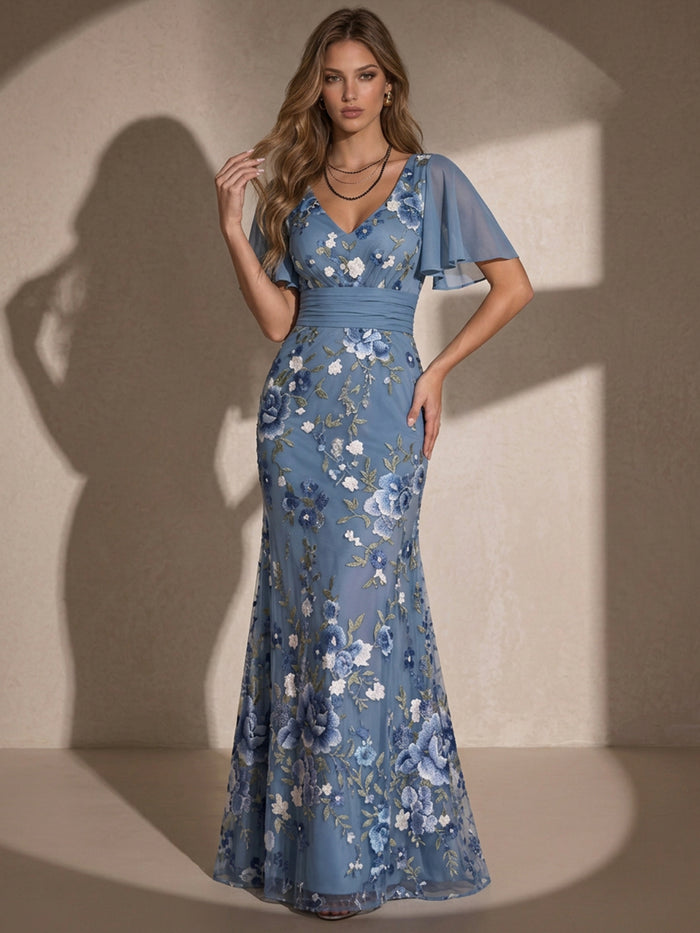 Chiffon Mermaid V Neck Maxi Evening Dresses with Floral Embroidery