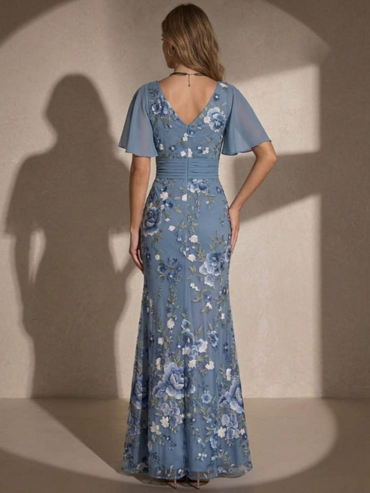 Chiffon Mermaid V Neck Maxi Evening Dresses with Floral Embroidery