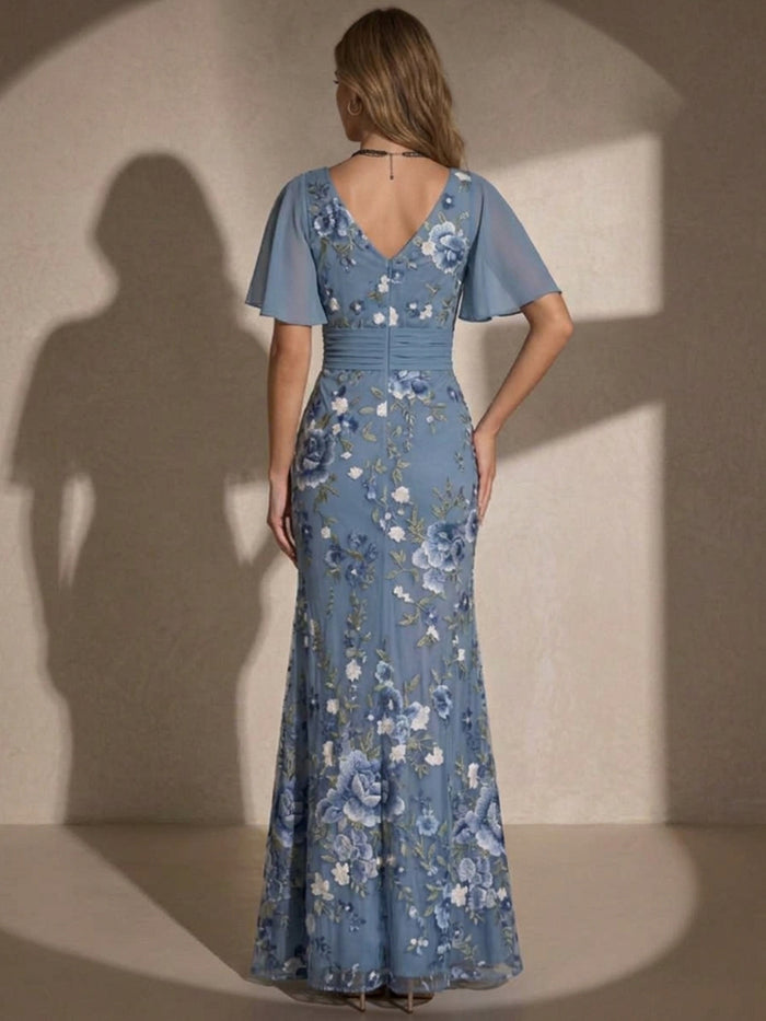 Chiffon Mermaid V Neck Maxi Evening Dresses with Floral Embroidery