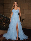Organza A-Line Strapless Maxi Evening Dresses with Ruffles