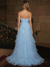 Organza A-Line Strapless Maxi Evening Dresses with Ruffles