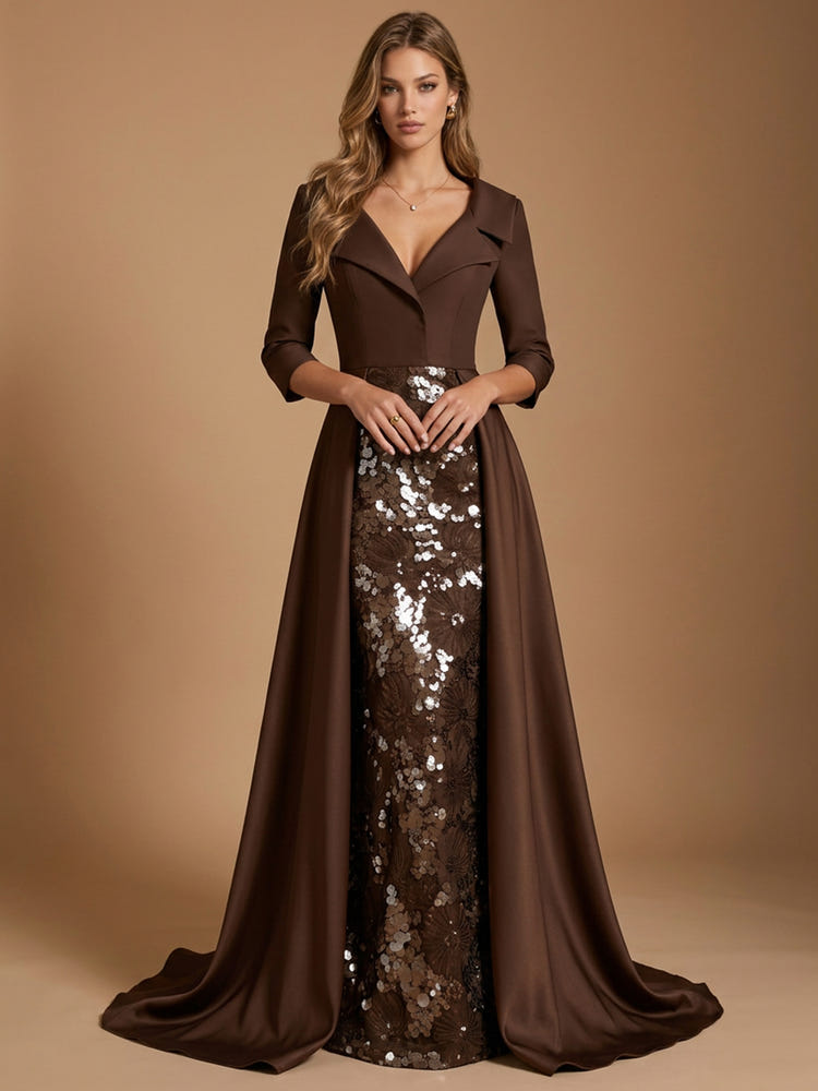 Satin A-Line V Neck Maxi Evening Dresses with Floral Embroidery