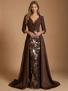 Satin A-Line V Neck Maxi Evening Dresses with Floral Embroidery