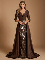 Satin A-Line V Neck Maxi Evening Dresses with Floral Embroidery