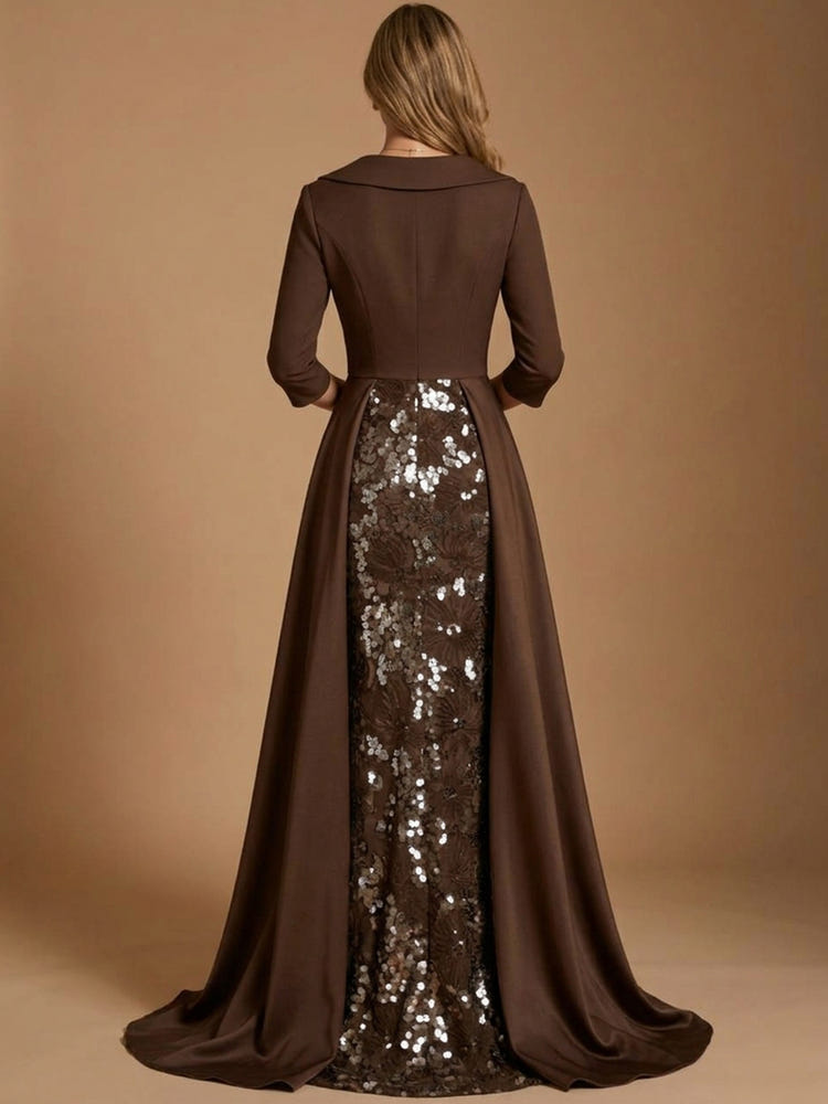 Satin A-Line V Neck Maxi Evening Dresses with Floral Embroidery
