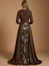 Satin A-Line V Neck Maxi Evening Dresses with Floral Embroidery