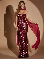 Sequins Mermaid Strapless Maxi Evening Dresses with Scarf