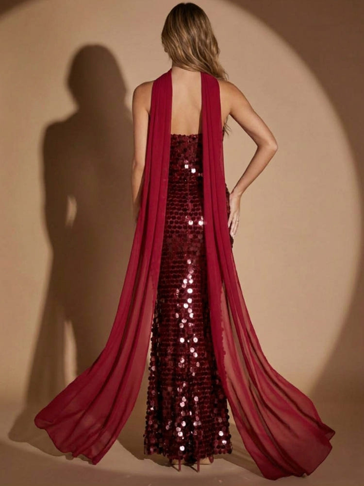 Sequins Mermaid Strapless Maxi Evening Dresses with Scarf
