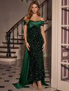 Sequins Mermaid Off Shoulder Maxi Evening Dresses with Oversized Bow