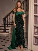 Sequins Mermaid Off Shoulder Maxi Evening Dresses with Oversized Bow