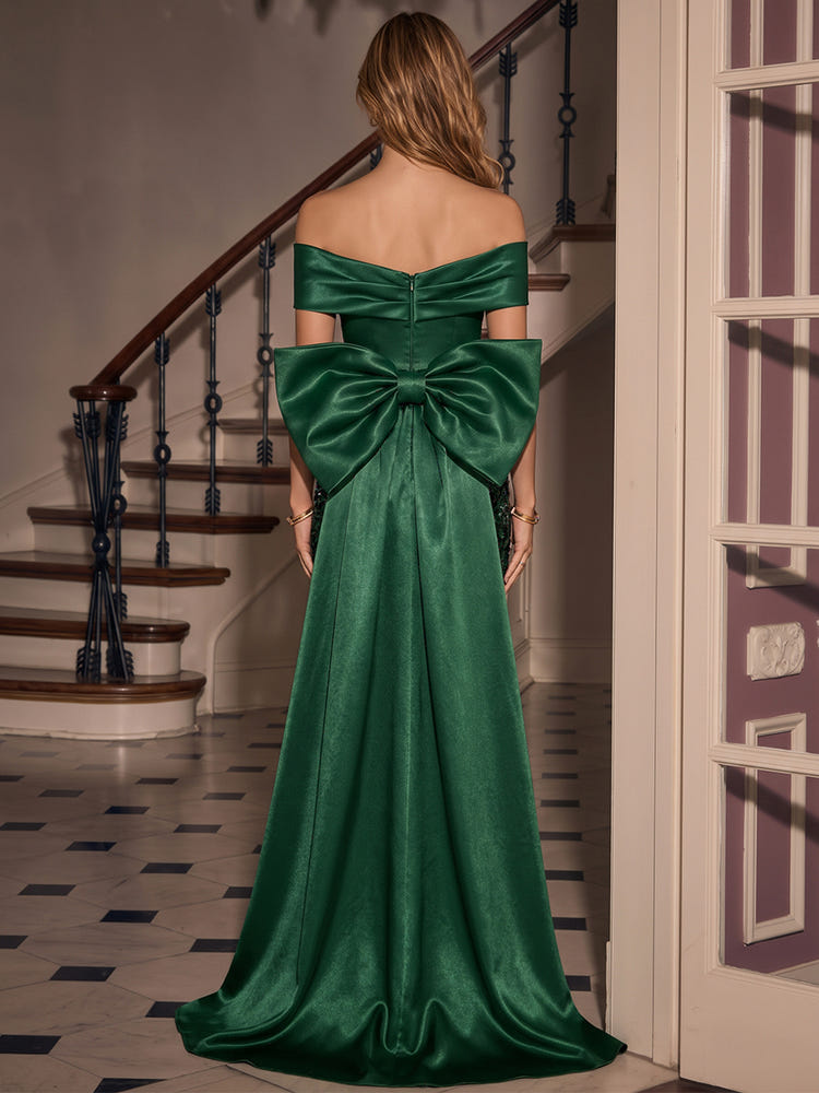 Sequins Mermaid Off Shoulder Maxi Evening Dresses with Oversized Bow