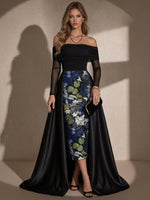 Satin Sheath Off Shoulder Maxi Evening Dresses with Wraps