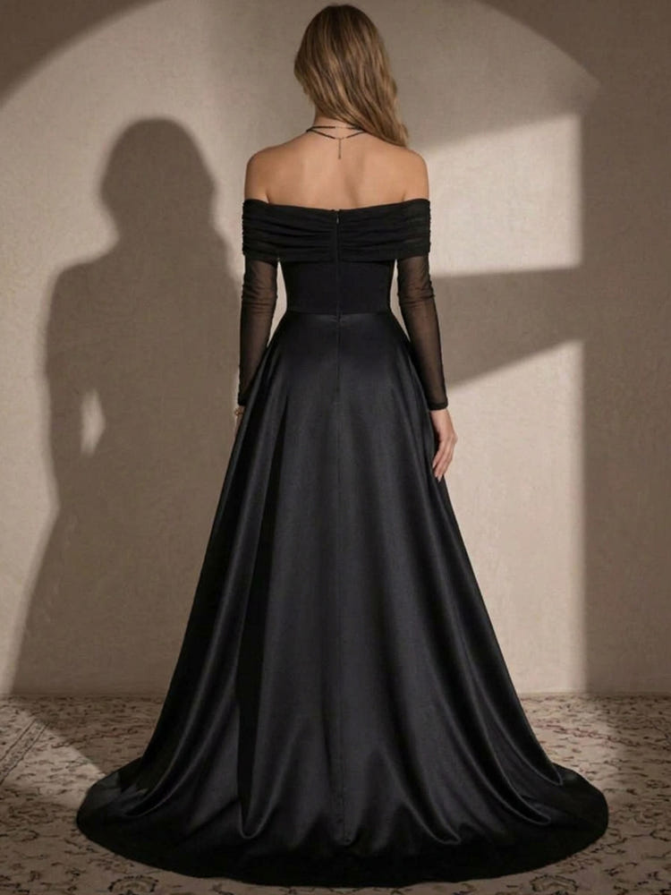 Satin Sheath Off Shoulder Maxi Evening Dresses with Wraps