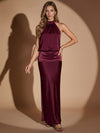 Satin Sheath Halter Maxi Evening Dresses with Pleated
