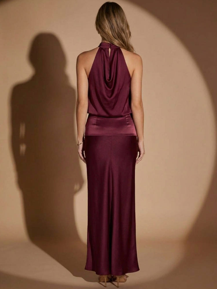 Satin Sheath Halter Maxi Evening Dresses with Pleated