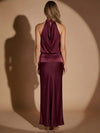 Satin Sheath Halter Maxi Evening Dresses with Pleated