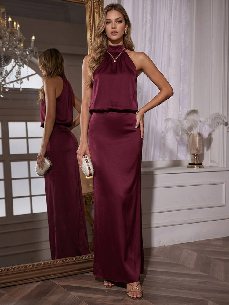 Satin Sheath Halter Maxi Evening Dresses with Pleated