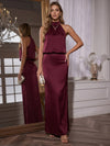 Satin Sheath Halter Maxi Evening Dresses with Pleated
