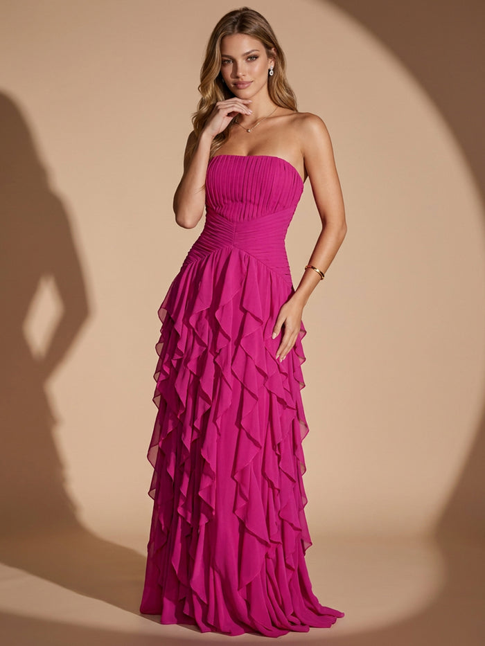 Chiffon A-Line Strapless Maxi Evening Dresses with Deep V Neck