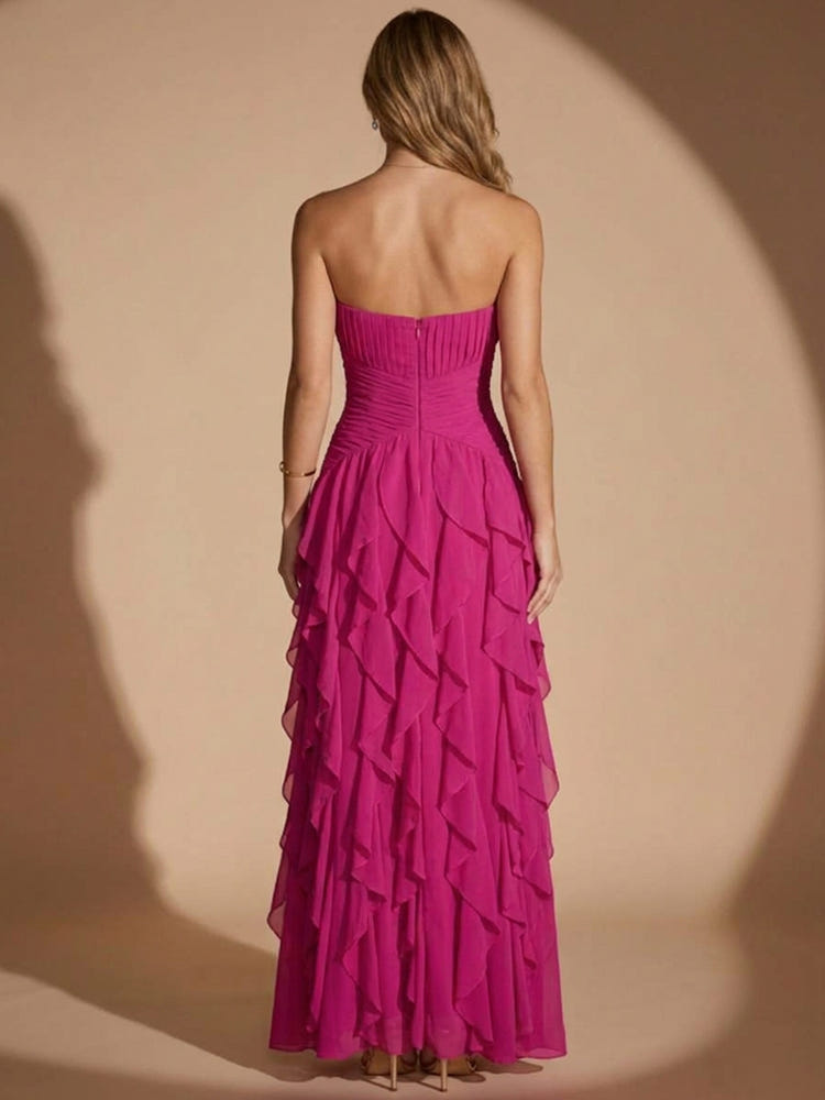 Chiffon A-Line Strapless Maxi Evening Dresses with Deep V Neck