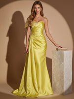Satin A-Line Off Shoulder Maxi Evening Dresses with Lace