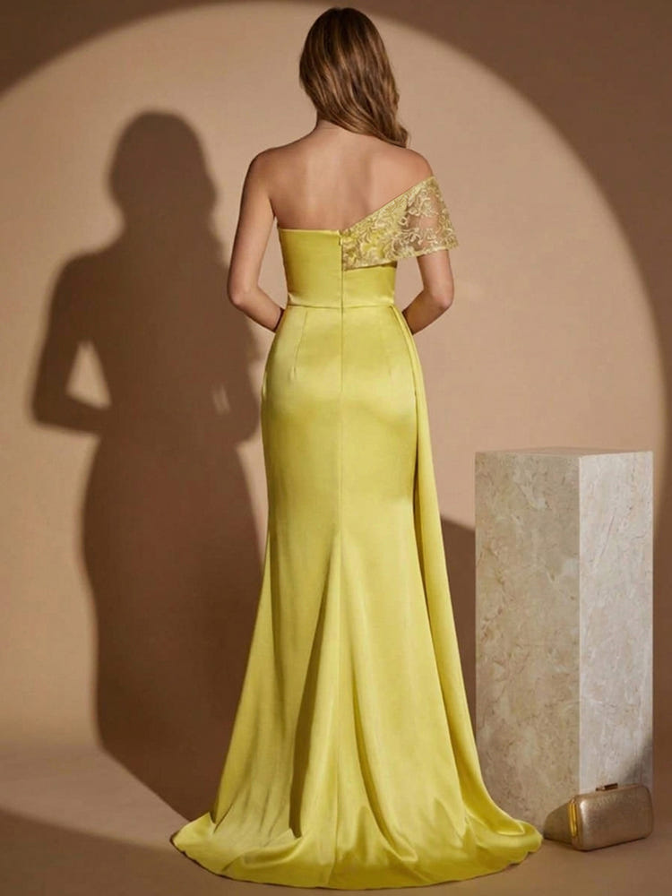 Satin A-Line Off Shoulder Maxi Evening Dresses with Lace