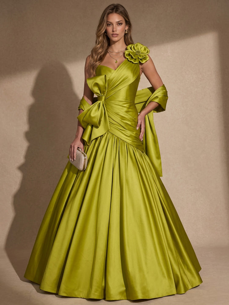 Satin A-Line One Shoulder Maxi Evening Dresses with Oversized Bow