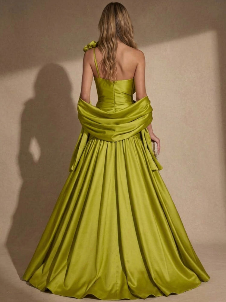 Satin A-Line One Shoulder Maxi Evening Dresses with Oversized Bow