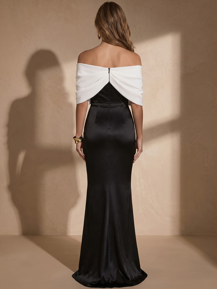 Satin Mermaid Off Shoulder Maxi Evening Dresses with Pleated