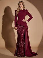 Sequins Mermaid Crew Neck Maxi Evening Dresses with Sweep Train