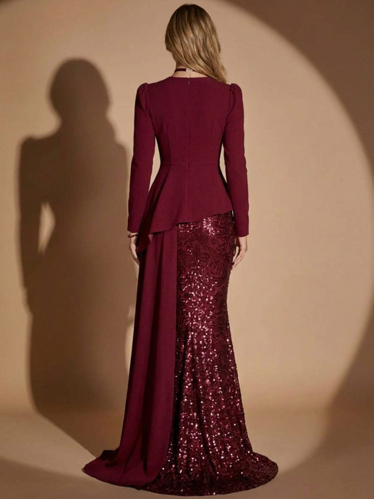 Sequins Mermaid Crew Neck Maxi Evening Dresses with Sweep Train
