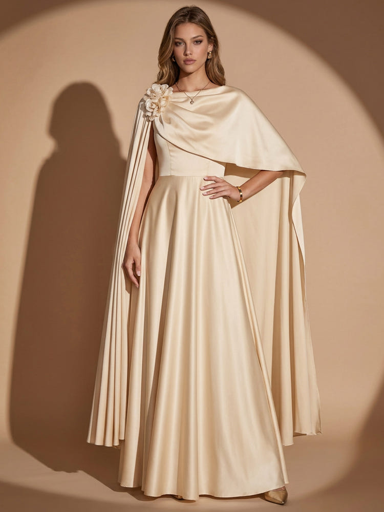 Satin A-Line Crew Neck Maxi Evening Dresses with Caps