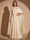 Satin A-Line Crew Neck Maxi Evening Dresses with Caps