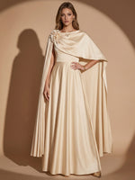 Satin A-Line Crew Neck Maxi Evening Dresses with Caps