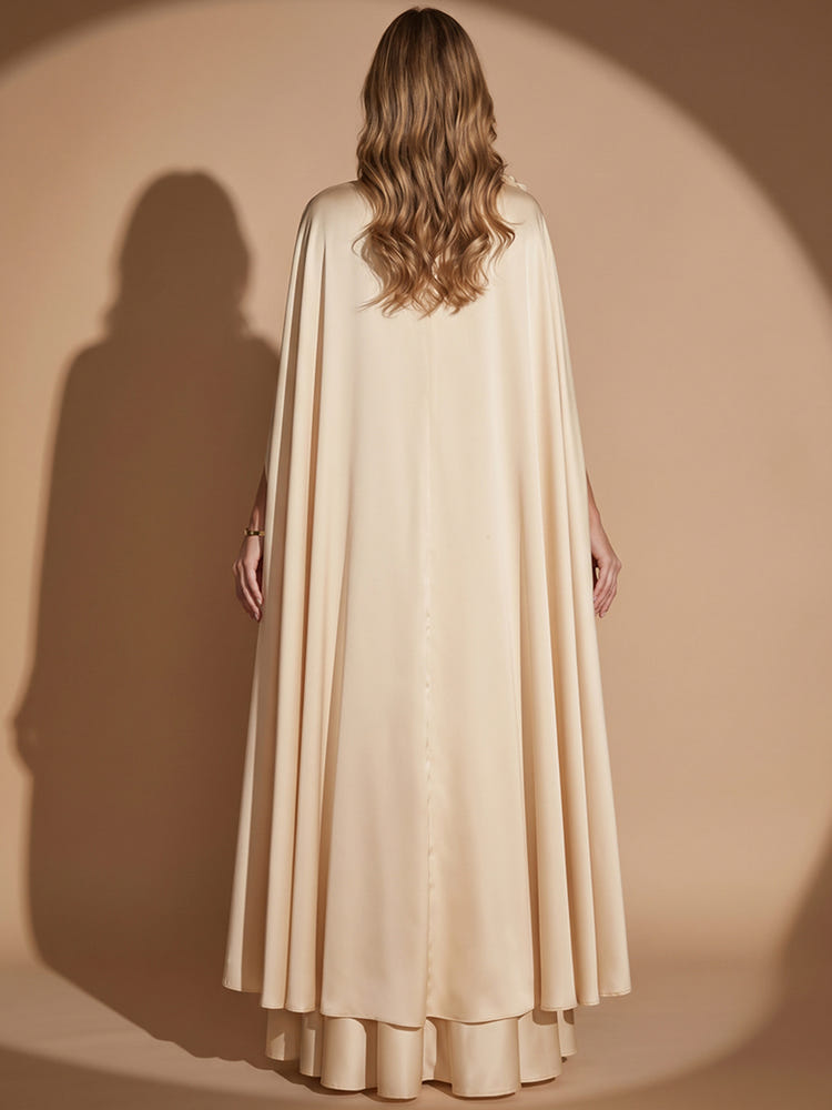 Satin A-Line Crew Neck Maxi Evening Dresses with Caps