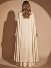 Satin A-Line Crew Neck Maxi Evening Dresses with Caps