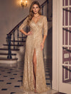 Sequins A-Line V Neck Maxi Evening Dresses with Front Slit