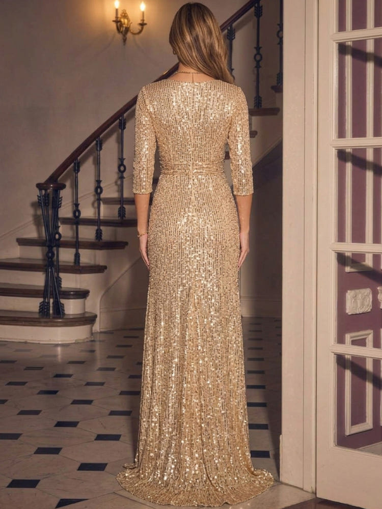 Sequins A-Line V Neck Maxi Evening Dresses with Front Slit