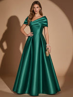 Satin A-Line Off Shoulder Maxi Evening Dresses with Pleated