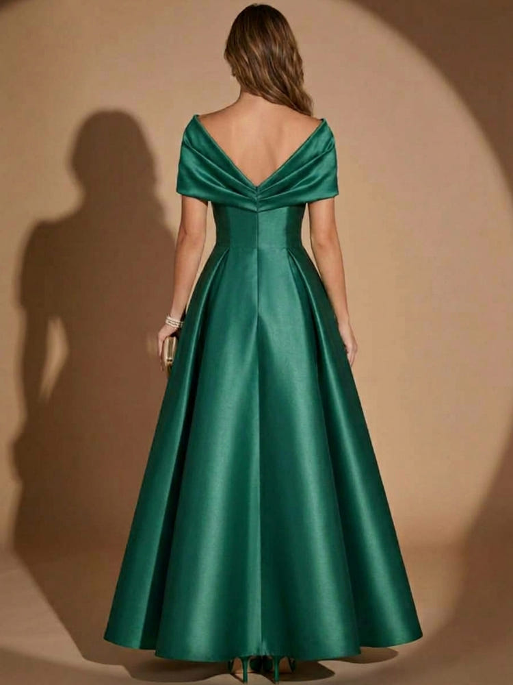 Satin A-Line Off Shoulder Maxi Evening Dresses with Pleated