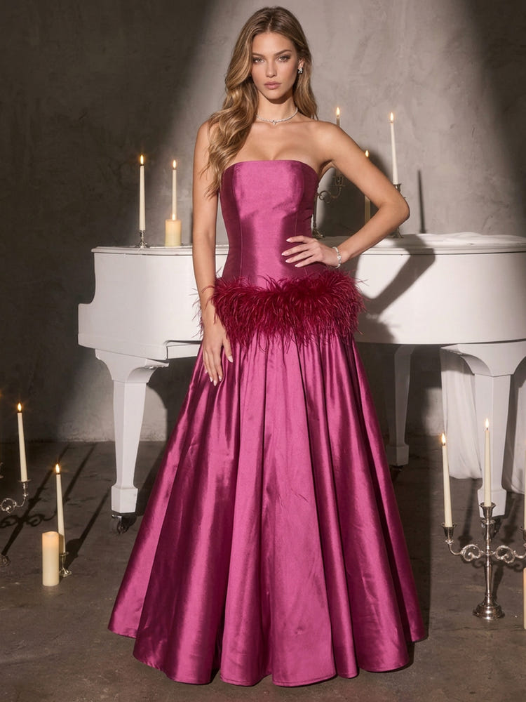 Satin A-Line Strapless Maxi Evening Dresses with Feathers