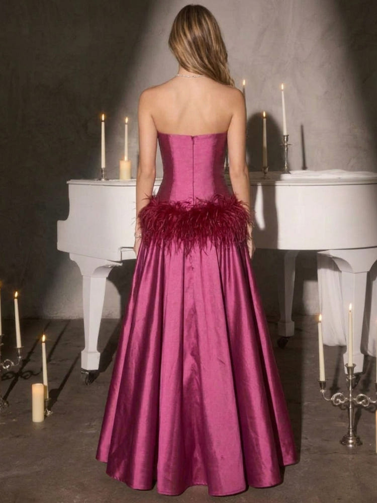 Satin A-Line Strapless Maxi Evening Dresses with Feathers