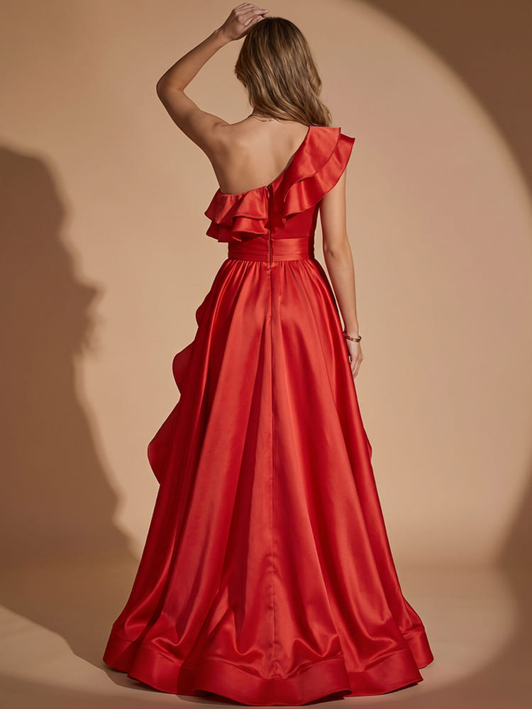 Satin A-Line One Shoulder Maxi Evening Dresses with Ruffles
