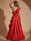 Satin A-Line One Shoulder Maxi Evening Dresses with Ruffles